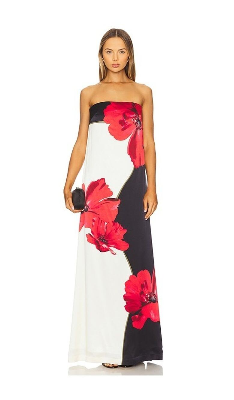 Rebecca Vallance 100% Silk Amapola Maxi Dress Poppy Print Black & Cream Sz 6